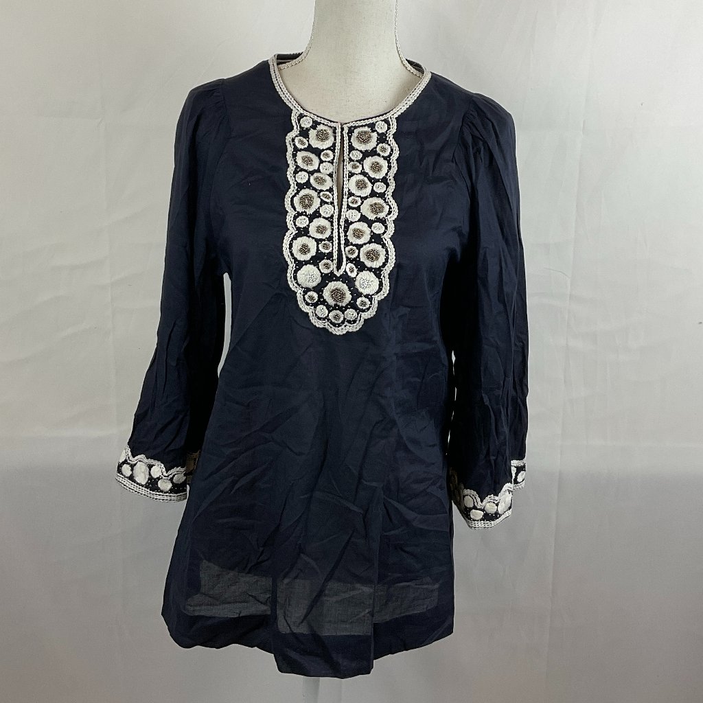 Tory Burch Blouse 6 Navy Blue White Embroidery Beaded Hook Eye Closure